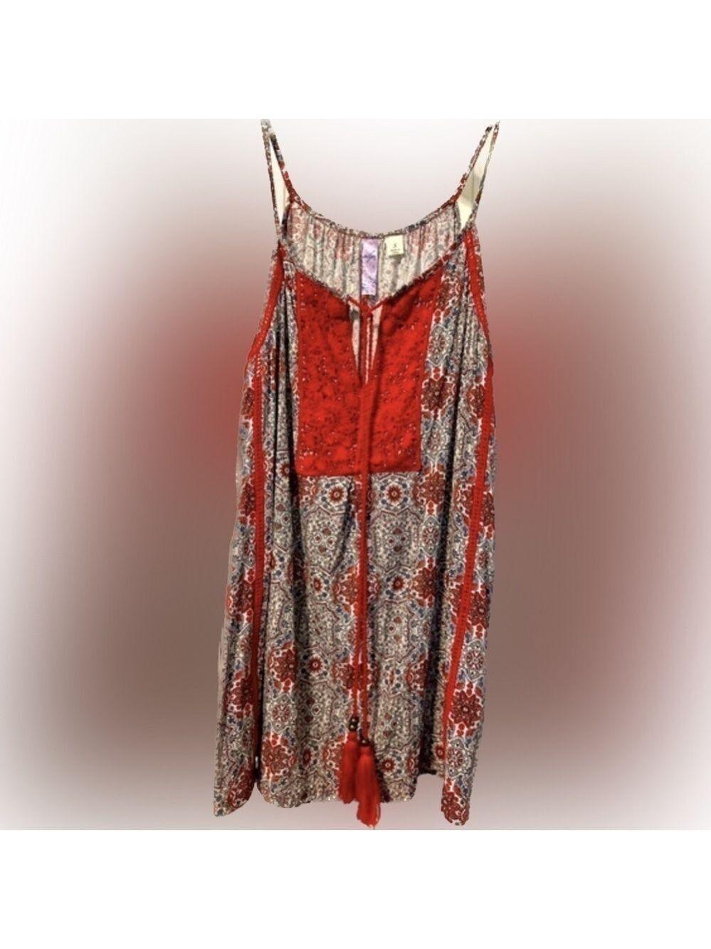 Alya multi print Rayon tank top Beautiful red Crocheted lace inset on front Sz S